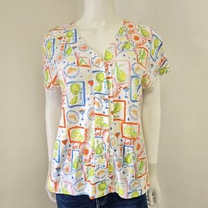 Cynthia Rowley 100% Linen Top Fruit Brunch Printed Button Down Size M Novelty